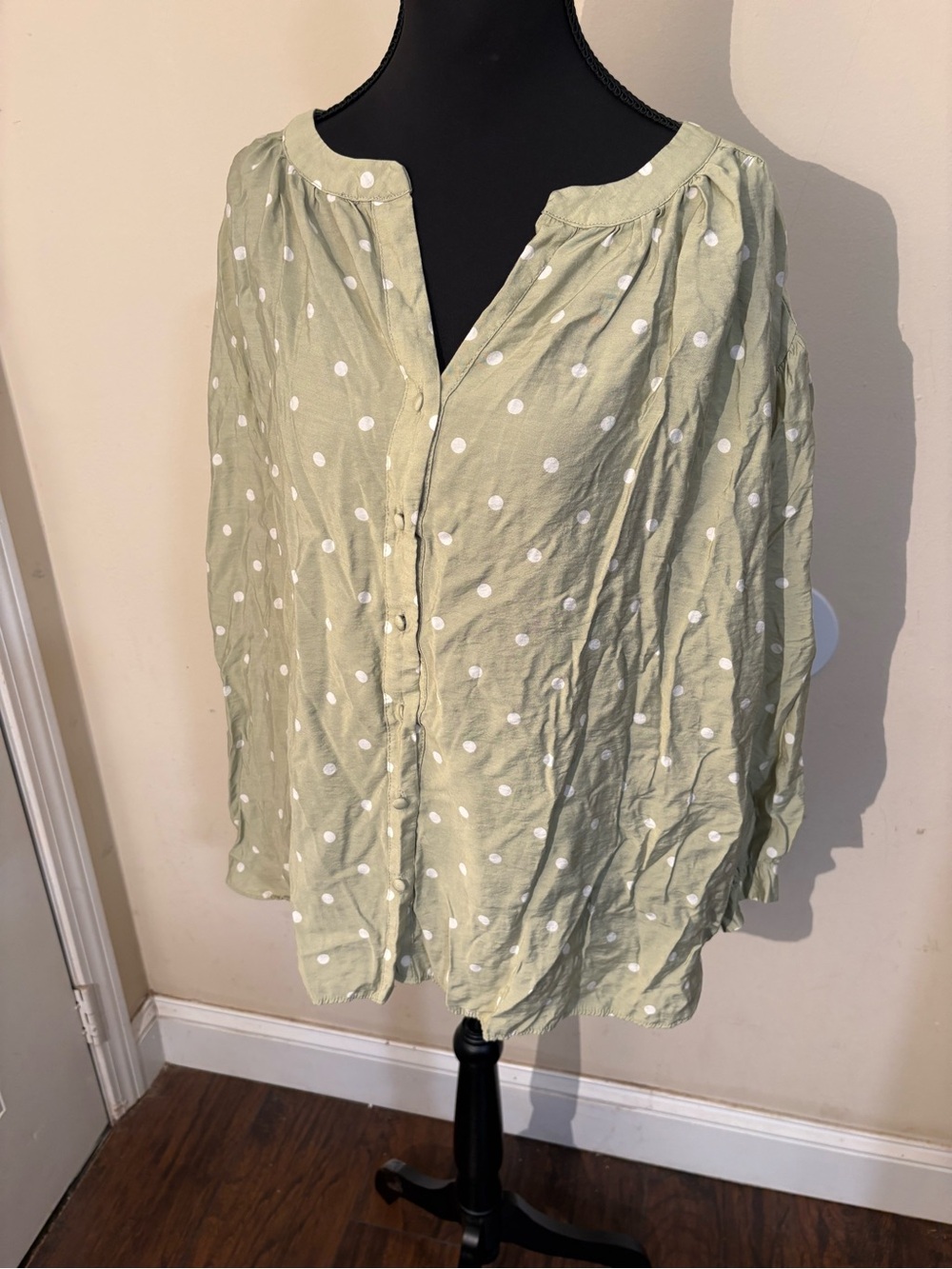 Rose & Olive Pale Sage Green Polka Dot Button-Front Blouse #boho-chic #festivals - Picture 3 of 13